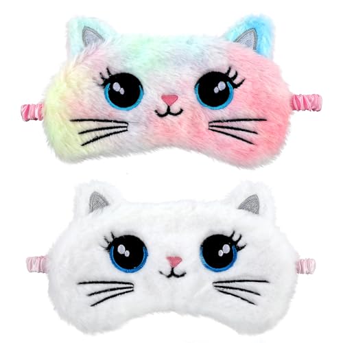 YUXIANLB 子供用プラッシュスリープアイマスク 2個パック かわいいスリーピングアイカバー 猫 バニー 目隠し スリープマスク 子供のお気に入りに スリーピングアイシェード ソフト おもしろい お泊まり 女の子 キッズ 大人 旅行 昼寝