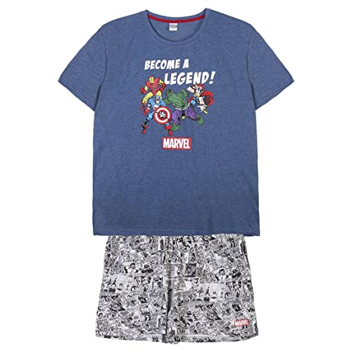 Pijamas Familiares de Verano Manga Corta Conjuntos para Hombre de Dos Piezas (Camiseta+Pantalon Pijama) con los Personajes de The Avengers Licencia Oficial Marvel