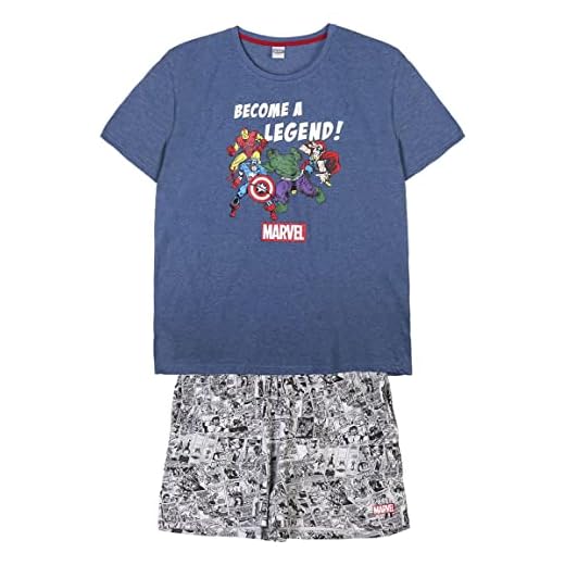 Pijamas Familiares de Verano Manga Corta Conjuntos para Hombre de Dos Piezas (Camiseta+Pantalon Pijama) con los Personajes de The Avengers Licencia Oficial Marvel