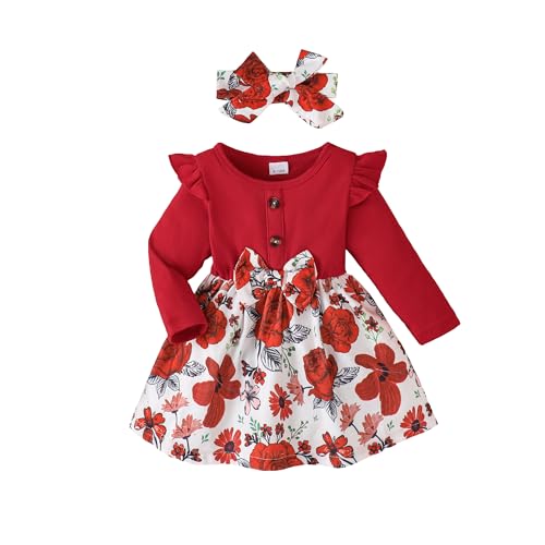 Baby Toddler Girl Dress Outfit Fall Winter Clothes Crew Neck Corduroy Long Sleeve Dresses with Bow Headband