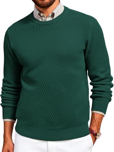 Runcati Mens Crewneck Sweater Slim Fit Casual Knit Lightweight Ribbed Pullover Fall Winter Textured Dress Sweaters