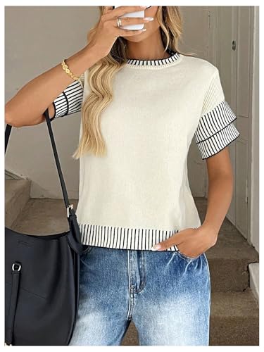 Milumia Women's Ruffle Short Sleeve Crew Neck Knit Top Striped Trim Sweater3