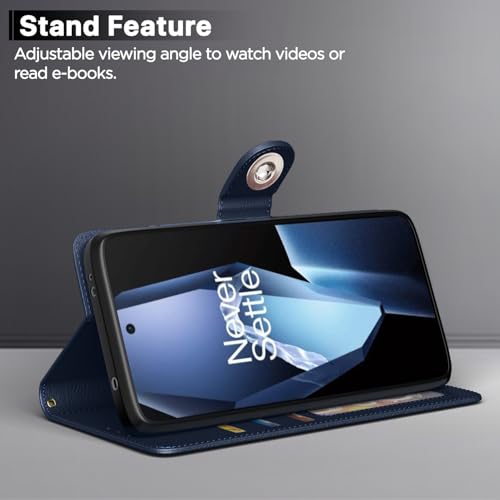 Image of Pikkme Flip Cover Leather Finish | Inside TPU with Card Pockets | Wallet Stand and Shock Proof | Complete Protection Button Flip Case for OnePlus 13R 5G(Blue)