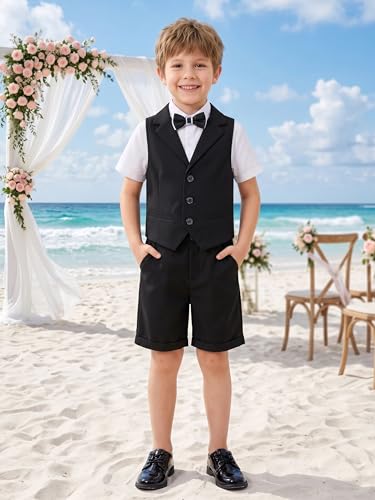 Image of LOLANTA Boys 4PCs Summer Suits, Short Suit Set for Wedding Ring Bearer Outfits Dress Clothes Vest Shirt Shorts Bow Tie