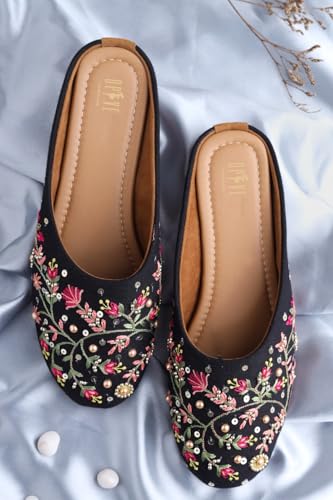Image of OPIVE's Mehandi Women's Mojari Jutti Ethnic Punjabi Juttis Traditional Flat Embroidered Canvas Fancy Bellies Comfortable Sole for Womens & Girls