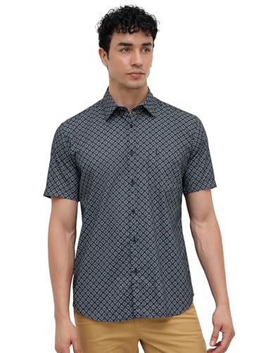 Image of Parx Men Slim Fit Print Pattern Pure Cotton Semi Cutaway Collar Half Sleeve Casual Shirt