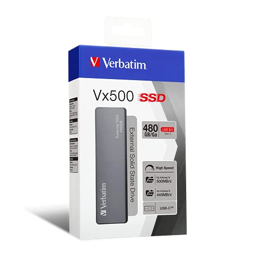 Verbatim Vx500, externe SSD-Festplatte, 480 GB, USB 3.1 Gen 2-Controller, 500 MB/s Lesegeschwindigkeit inkl. USB-C- und USB A-Kabel, Store n Go 47443