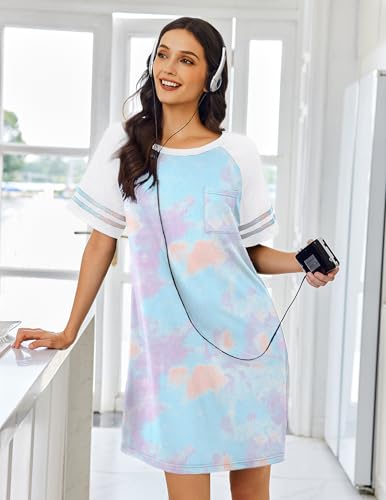 Image of Ekouaer Nightgowns for Women Color Block Sleep Shirt Short Sleeve Sleepwear