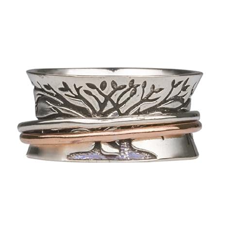 ENERGY STONE 925 Sterling Silver Fidget Ring | Couple Spinner Ring | Double Tree | Two People From Different Roots Grow to Become One | Promise Anniversary Engagement Wedding Silver Ring | Size 5-112