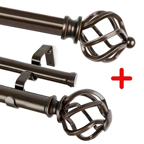 KAMANINA Bundle of 48 to 84 and 36 to 72 inches Curtain Rods, Twisted Cage Finial, Antique Bronze