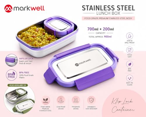 Image of MARKWELL Stainless Steel Lunch Box 700ml + 200ml | Leak Resistant Tiffin Box with Mini Container | BPA Free Lunch Box for Office, School, College, Kids & Travel | (Multicolor)