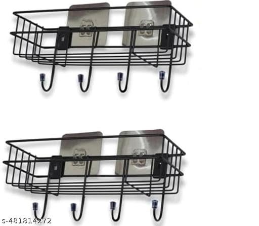(Pack of 2) Steel Self-Adhesive Multipurpose Bathroom Shelf with Hooks/Towel Holder/Rack/Bathroom Accessories-Wall Mount - Pack of 2 (Black,Powder Coated) 3