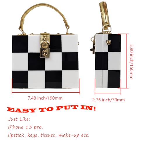 Image of Black White Checkerboard Acrylic Clutch Purse Bag Women Box Evening Bags Acrylic Chain Crossbody Handbag(Stitching)