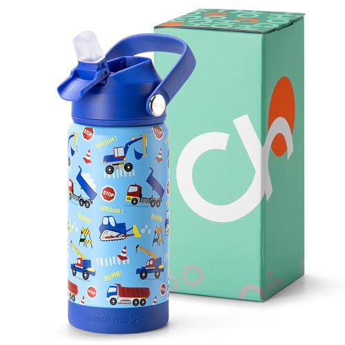 Image of Choco Mocha Kids Water Bottle For School, Kids Insulated Water Bottle Stainless Steel for Boy, 14Oz Construction Vehicle Blue