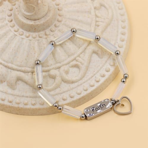 Image of Elastic Faith Bracelet for Women, Adjustable 7 inch Natural Stone Bracelet with Heart Mustard Seed Charm, Spiritual Christian Jewelry for Baptism, Graduation, Religious Celebration YA4856