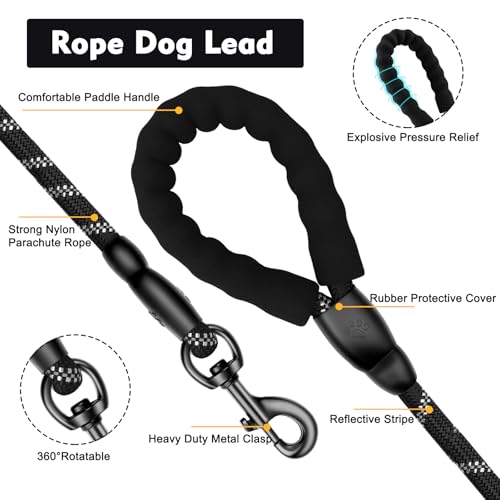 Ledeak 2m Starke Hundeleine, Nylon Reflektierend Schleppleine mit Bequemen Gepolsterten Griff, Robuste Hunde Leine, Lang Beißfeste Hundeleine für Kleine Mittlere und Große Hunde (Schwarz)