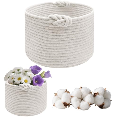PWGHWG Panier Rangement, Panier de Rangement Tressés en Coton pour Chambre d'Enfant,Bain,Chambre, D 24 x H 18 cm (Blanc)