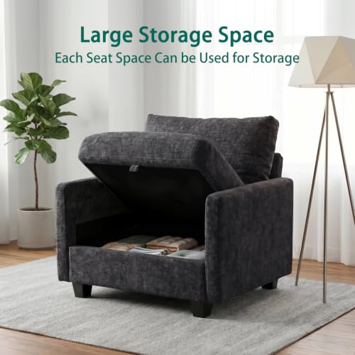 Image of Singel Seat Modern Couches for Living Room, 38 inch Single Sofa with Storage | High Resilience Foam, 22 inch Seat Depth, Movable Ottoman, Comfy Chenille, Easy Assembly, Black