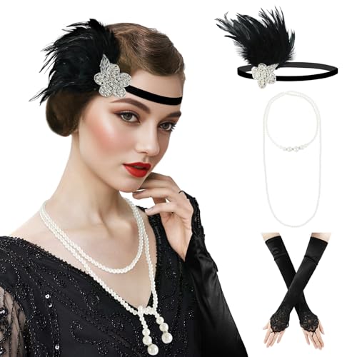 DOCILA 1920s Accessories For Women Gatsby Costume Roaring 20s Flapper Feather Headband Headpiece Vintage Pear Necklace Gloves (BlackSet)