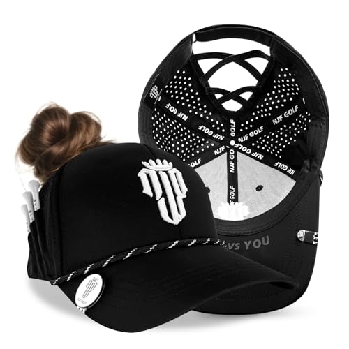 Adjustable Golf Cap for Women – Breathable Ladies Golf Hats for Women with Magnetic Ball Marker & Tee Holders, Lightweight Women's Golf Hat, Ponytail-Compatible, Athletic Womens Hats - Black