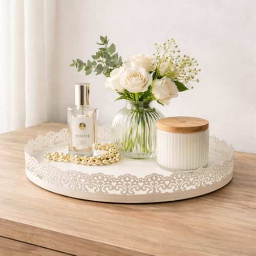 Image of Gold Finish Decorative Metal Tray | Multipurpose Serving & Vanity Tray | Premium Cutwork Design | Home Decor Organizer | 28 x 4 cm (Ivory)