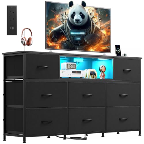 Image of WLIVE LED Dresser TV Stand for 65 Inch TV, 8 Drawers, Black | Fits TVs up to 65 inch, 8 fabric drawers, LED chest of drawers, Built-in power outlet, Living room or bedroom