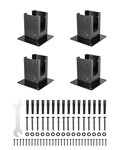 4x4 Post Base (Inner Size 3.6\"x3.6\"), Solid Steel & Black Powder Coated, Steel Flange Post Anchor Base with Screws, Wood Fence Post Brackets for Pergola/Deck Railing/Mailbox Post Deck Support(4PCS)