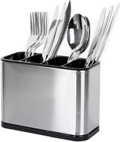 ECVV Utensil Holder for Kitchen Counter Stainless Steel Silverware Holder for Countertop Large Cutlery Caddy Flatware Organizer 4 Compartments for Cooking Tool Knife Spoon Fork