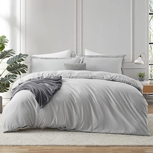 Image of Hearth & Harbor Light Grey Duvet Cover King Size, 3 Piece Bedding Set | Soft Double Brushed Bedding Set, Button Closure, 1 Duvet Cover 104x90 Inches, 2 Pillow Shams