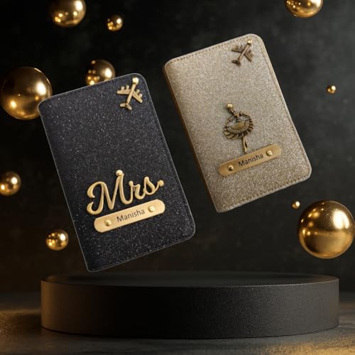 Image of Personalised Glitered Name Passport Cover Combo Pack| Combo Pack of 2 | Passport Cover for Womens and Girls| Gift Pack|Travel Assessories Black & Golden