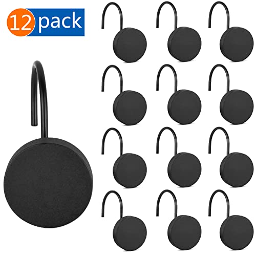 Shower Curtain Hooks, Decorative Shower Curtain Rings, Simple Modern Style Round Flat-Back Button Design For Bathroom Decor, Set Of 12 Matte Black #TOP1