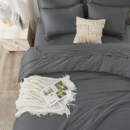 Image of Andency Oversized King Comforter Set Dark Grey 120x98-7 Pieces Boho Tassel Bed in a Bag Soft Lightweight Bedding Sets, Fringe All Season Bed Set with Comforter, Sheets, Pillowcases & Shams