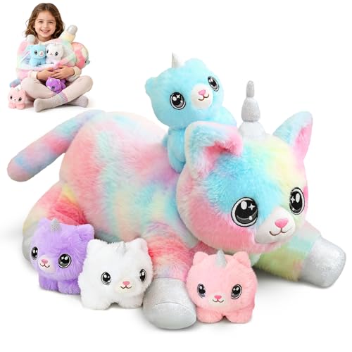SQEQE Unicorn Cat Plush Mommy Cat Unicorn with 4 Cute Baby Kittens - Plushies Birthday Gifts for Boys and Girls