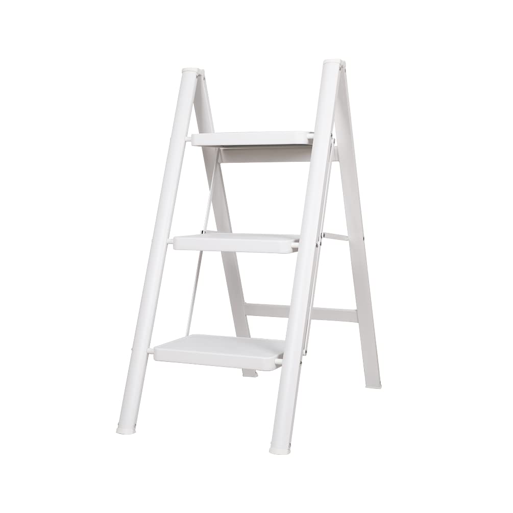BAOYOUNI Escalera 3 Peldaños Taburete Plegable con Pedal Ancho Antideslizante Escalones Domestica Ligera y Portátil Multifunción para Hogar, Cocina, Oficina, Exteriores, Adultos, Blanca