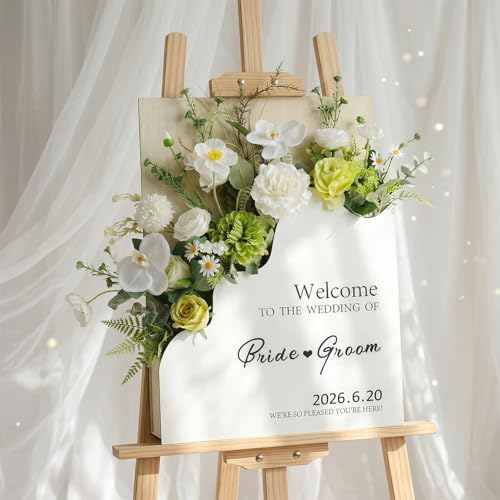 RattanView Wooden Wedding Welcome Sign with Flower Box 24 x 18 Inches Custom Name & Date Welcome to Our Wedding Outdoor Sign with 4 Floral Vase Slots for Reception Bridal Shower Party Indoor Decor
