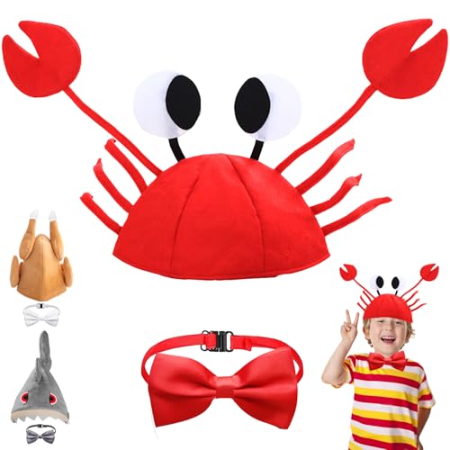 AUNGCSHE 2 Pezzi Cappelli Divertenti, Cappello Animali Cappello da Granchio, Papillon Regolabile, Costumi Divertenti, Adatto Adulto Bambino Ragazzo Ragazza, Halloween, Carnevale