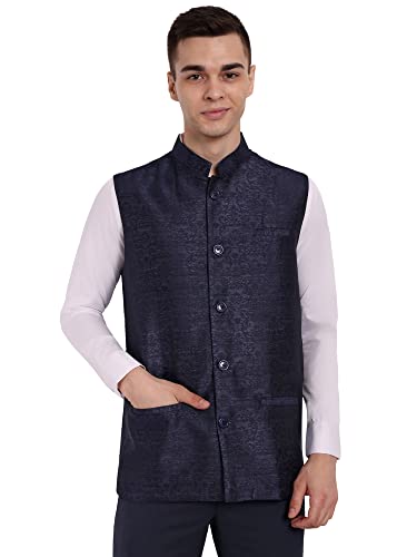 Image of SKAVIJ Mens Embellished Ethnic Wear Nehru Jacket Floral Printed Formal Waistcoat Regular Fit (X-Large,Blue)