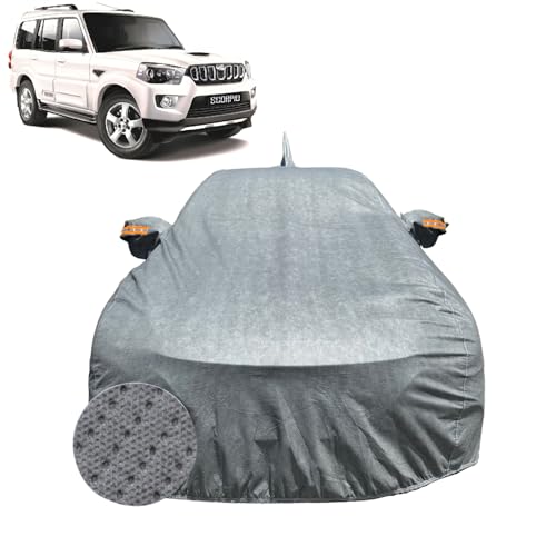 Image of Car Cover for Mahindra Scorpio (2014-2021) | 100% Waterproof Cover with Antenna & Reflective Mirror Pockets | Dustproof, Scratchproof, Heatproof Scorpio Car Cover |Soft Cotton Lining| Grey