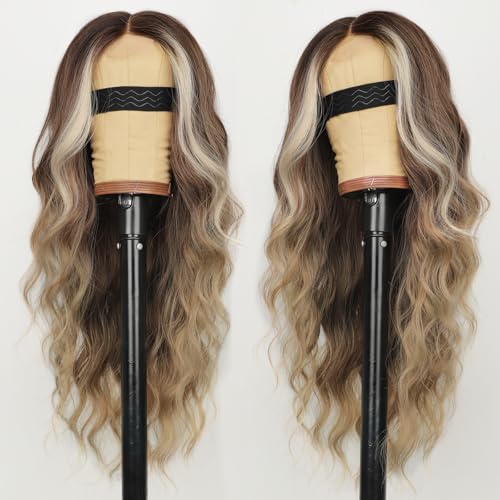 Image of AISI HAIR Brown Balayage Blonde Wig for Women, Long Wavy Lace Hairline Middle Part Synthetic Heat Resistant Wig for Daily Party-26 Inch