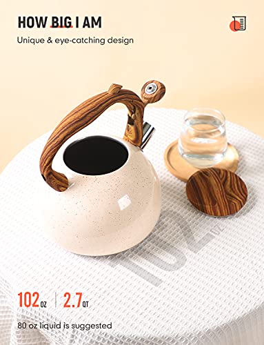 Tea Kettle, 2.7 Quart Belanko Teapot For Stovetops Wood Pattern Handle With Loud Whistle Food Grade Stainless Steel Tea Pot Water Kettle - Cream White #TOP2