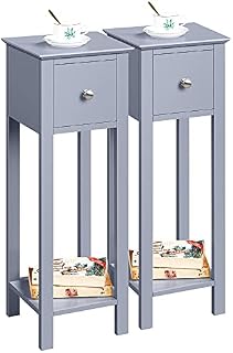 Yaheetech Grey Slim Bedside Table Set of 2 Nightstand with Drawer Tall Telephone Table Narrow Side Table for Hallway/Living Room/Bedroom, 25x25x70cm
