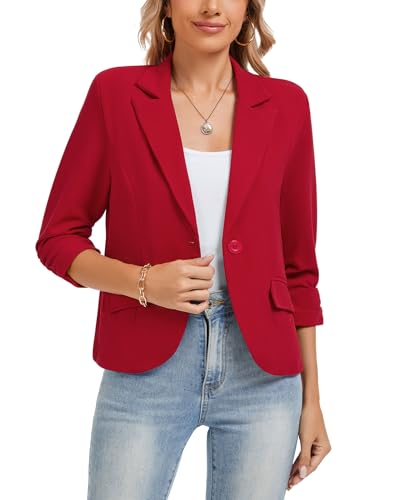 Women's Work Office Cropped Blazer 3/4 Sleeve Pad Shoulder Notched Collar Lightweight Stretch Jacket with Pockets