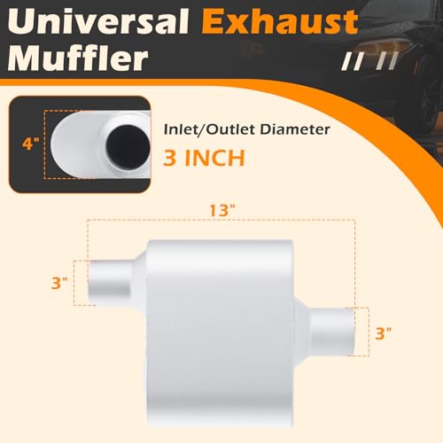Image of A-KARCK Universal Exhaust Muffler 3 inch Offset Inlet 3 inch Dual Outlet, 13 inch Overall Length Aluminized Steel Aggressive Sound Race Muffler for Cars, Trucks
