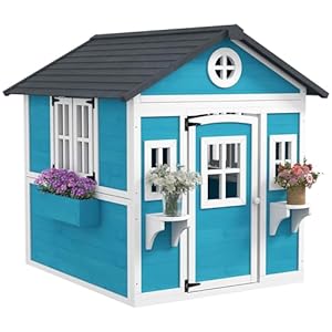 Outsunny Kinderspielhaus aus Holz Spielhaus Outdoor mit Fenster, Blumenregal, Pflanzenkasten und Tür Gartenhaus für Kinder 3-8 Jahre Blau