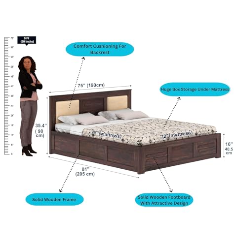 Image of Ganpati Arts Solid Sheesham Wood Swiss King Size Bed with Box Storage and Headbaord | Wooden Double Bed Cot Palang Furniture for Bedroom, Guest Room, Hotel and Home (Walnut Finish)