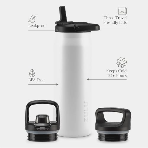 Image of ZULU Base 32oz Stainless Steel Water Bottle with 3 Lids- Straw, Chug, Twist | Double Walled and Vacuum Insulated Metal Thermos | For Gym, Workout, Outdoor | Built in Carry Loop, Dishwasher Safe, White