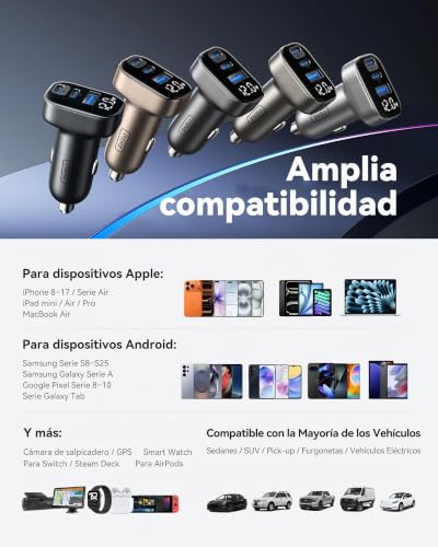 Miniatura 6 de Iniu Cargador Coche Carga Rápida 90w, Dual 45w Cargador Mechero 3-Puertos