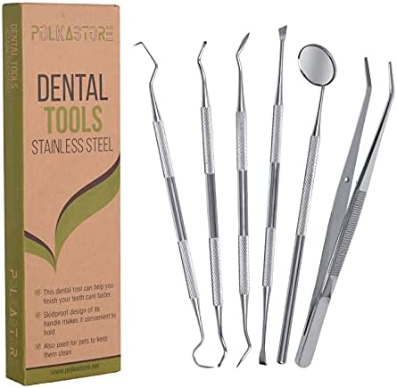 Dental Tools, 6 Pack Teeth Cleaning Tools Stainless Steel Dental Scraper, Pick Hygiene Set with Mouth Mirror, Tweezer Kit for Dentist, Personal Using, Pets - Tooth Tartar Plaque Scraper Remover