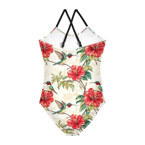 ZZKKO Hummingbird Red Flower Girls Swimsuit One Piece Bathing Suit for Baby Girls' Swimwear 3-10T2
