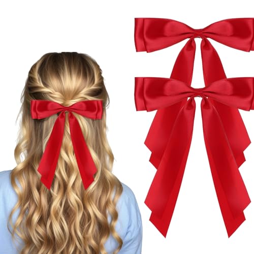 LIQWEI 2 Pcs Red Hair Bow Red Hair Clips for Hairs Satin Bows Hairs Ties Large Double Satin Ribbon Accessories for Women Girls Ponytail Holder Holiday Party